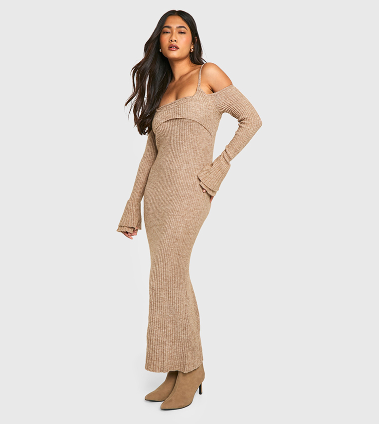 Rib Knit Bardot Halter neck Maxi Dress