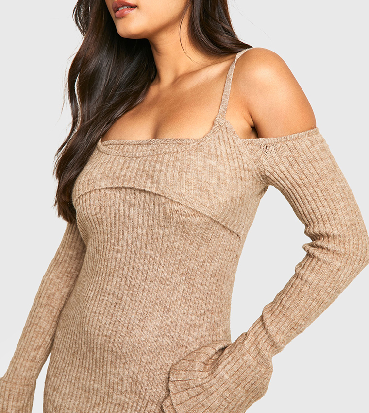 Rib Knit Bardot Halter neck Maxi Dress