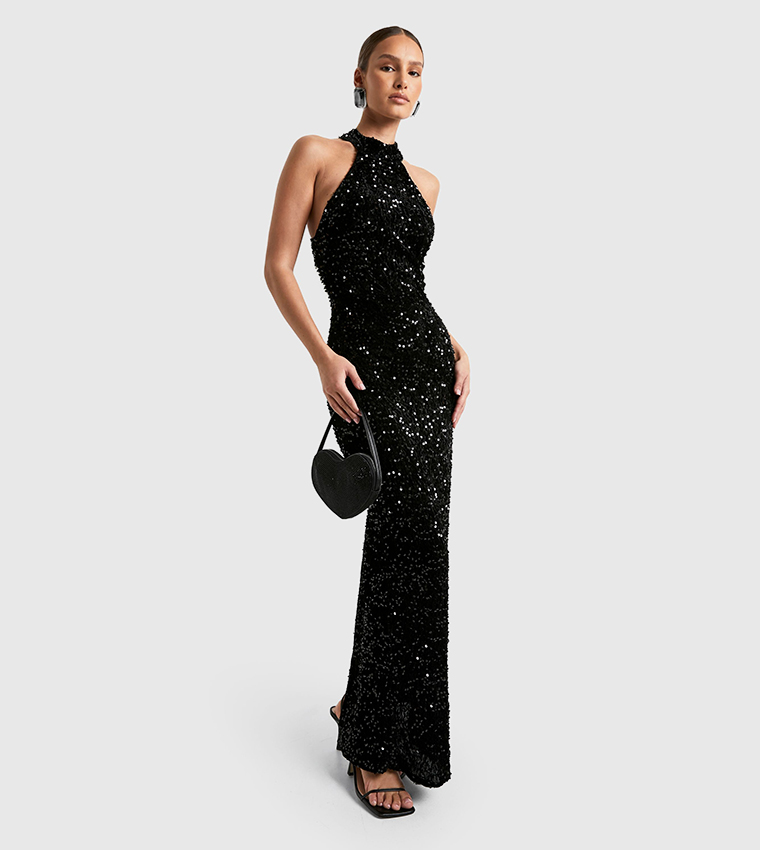 Velvet Sequined Halterneck Slip Maxi Dress