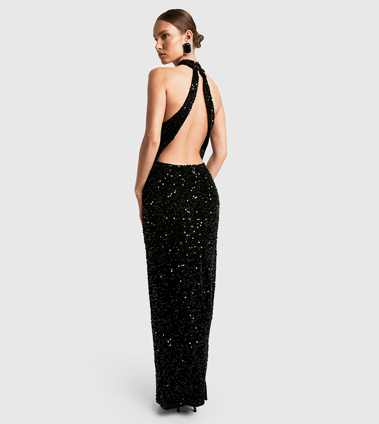 Velvet Sequined Halterneck Slip Maxi Dress