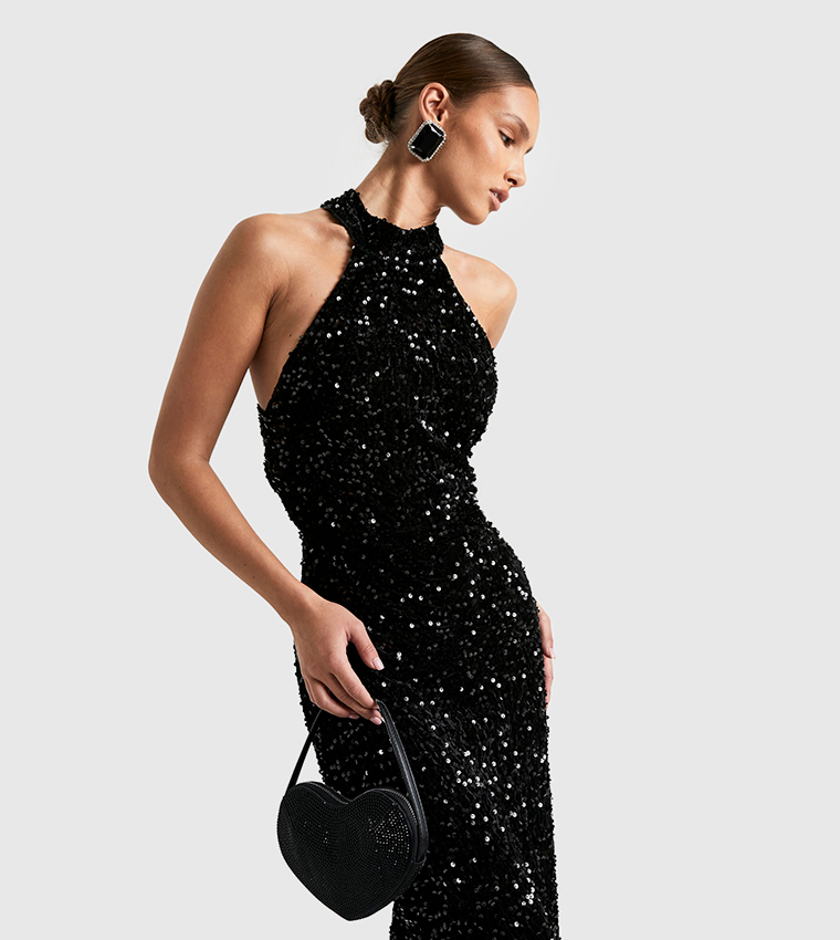 Velvet Sequined Halterneck Slip Maxi Dress