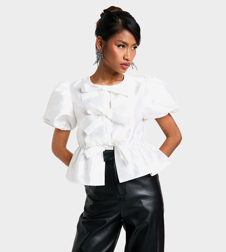 Taffeta Tie Front Puff Sleeves Smock Top
