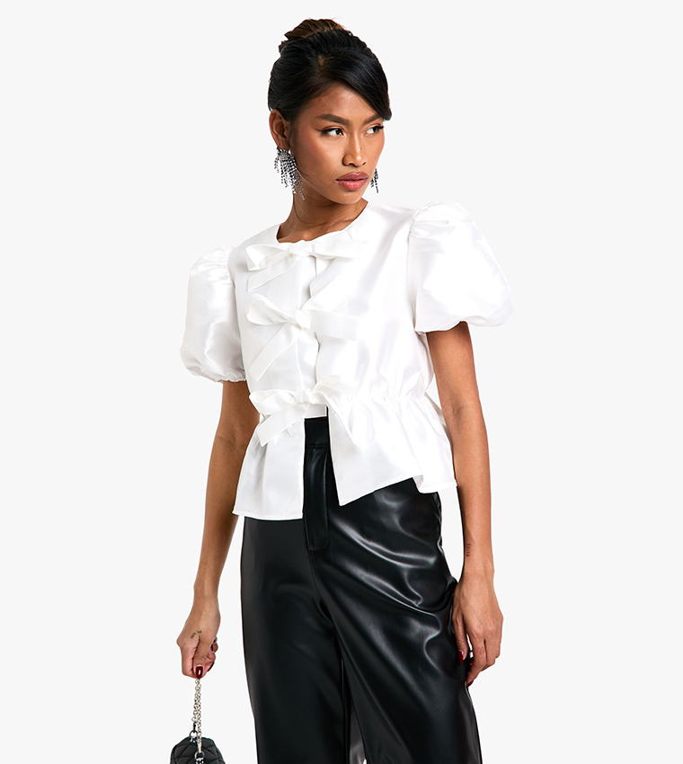 Taffeta Tie Front Puff Sleeves Smock Top