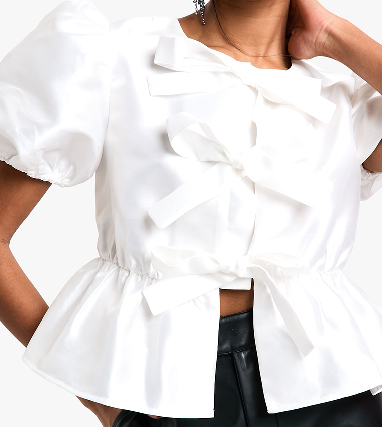 Taffeta Tie Front Puff Sleeves Smock Top