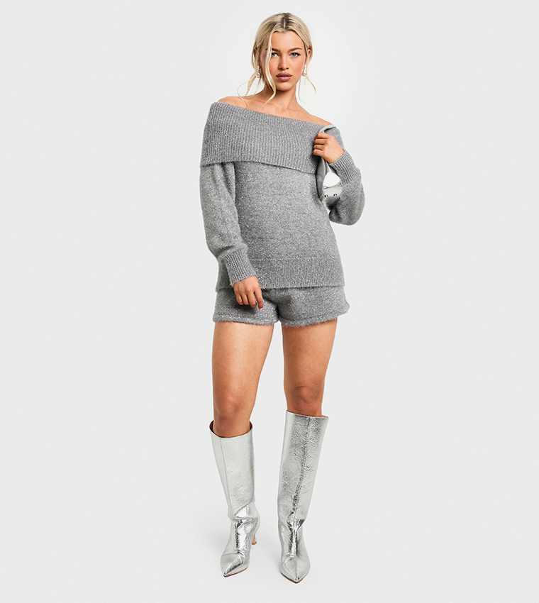 Glitter Knitted Bardot Top & Short Set