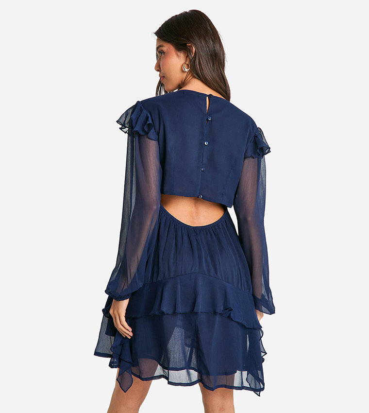Crinkle Chiffon Ruffle Smock Mini Dress