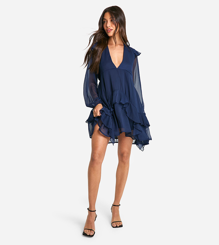 Crinkle Chiffon Ruffle Smock Mini Dress
