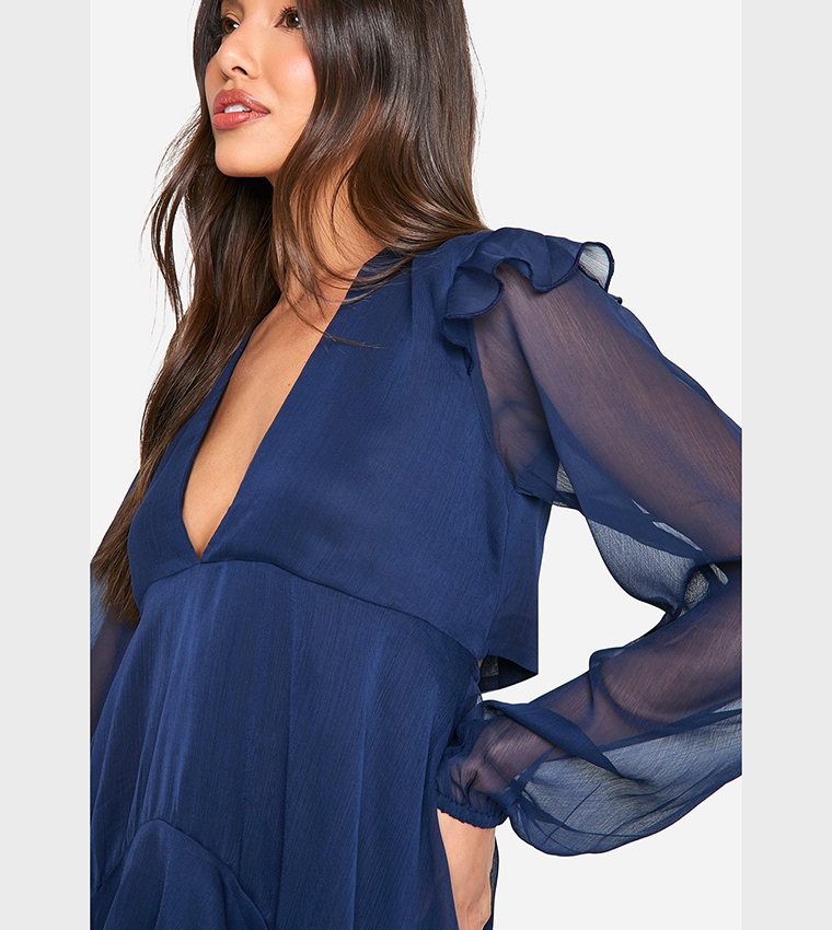 Crinkle Chiffon Ruffle Smock Mini Dress