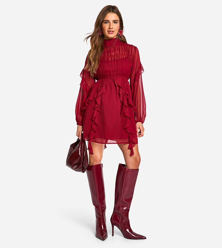 Crinkle Chiffon Funnel Neck Ruffle Smock Mini Dress