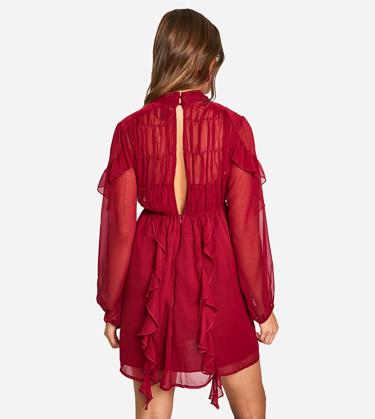 Crinkle Chiffon Funnel Neck Ruffle Smock Mini Dress