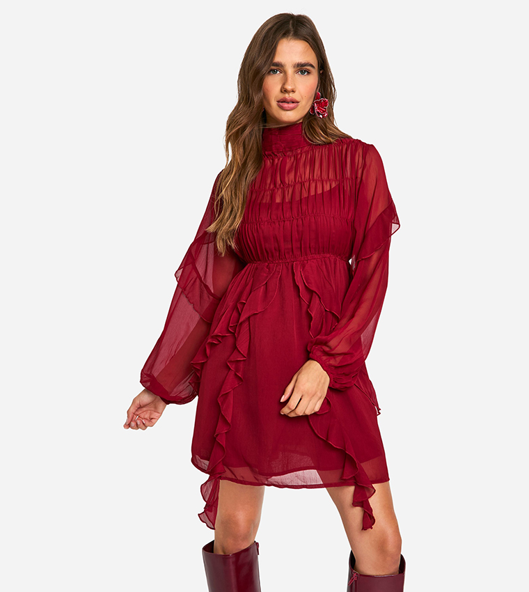 Crinkle Chiffon Funnel Neck Ruffle Smock Mini Dress