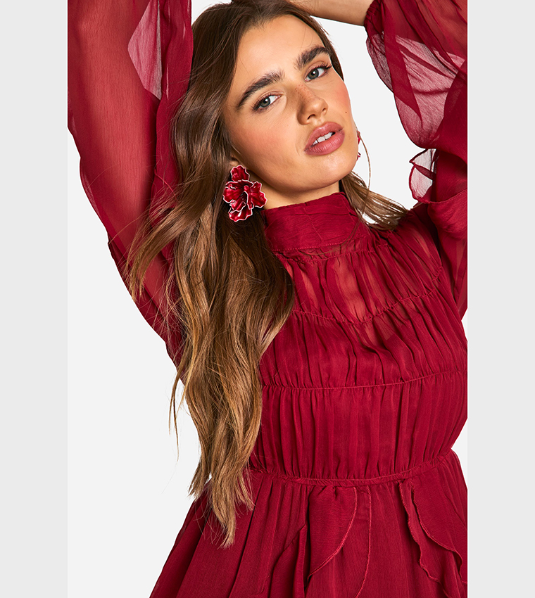 Crinkle Chiffon Funnel Neck Ruffle Smock Mini Dress