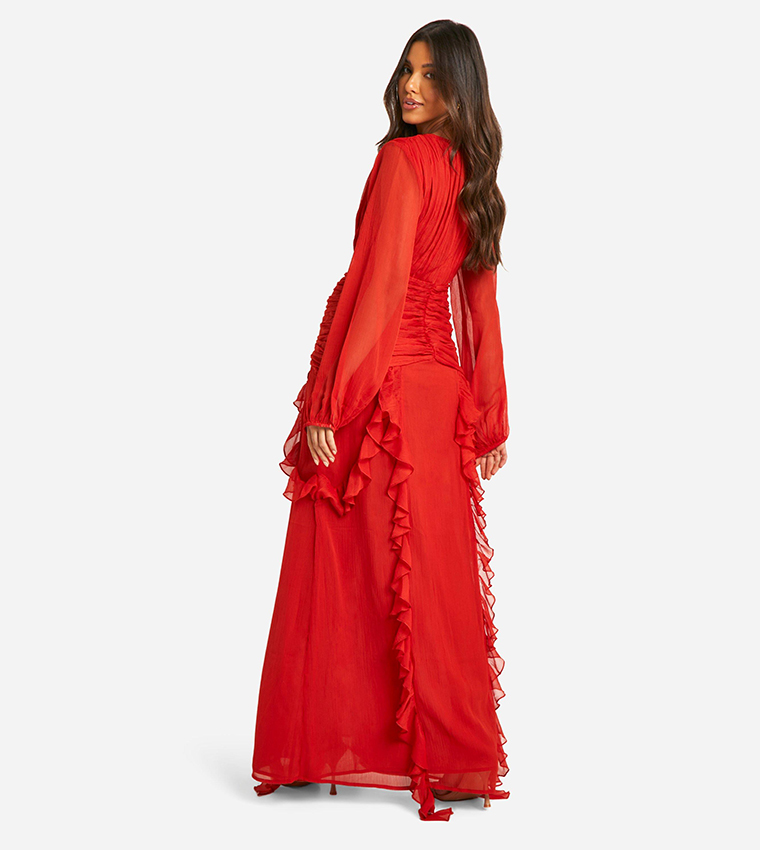 Ruched Ruffle Detail Maxi Dress
