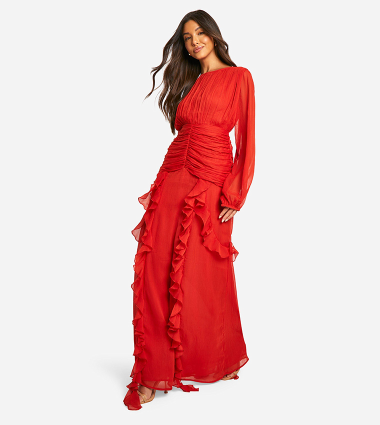 Ruched Ruffle Detail Maxi Dress