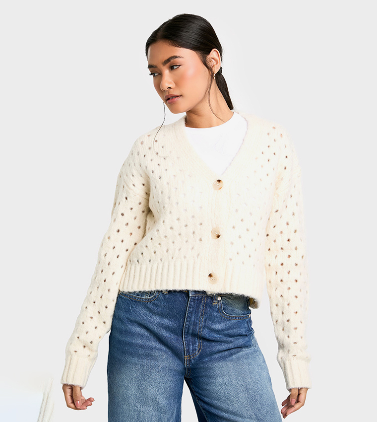Fluffy Openwork V-Neck Cardigan