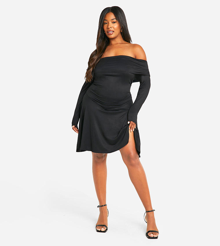 Buy Boohoo Curve Off Shoulder Long Sleeves Skater Dress In Black