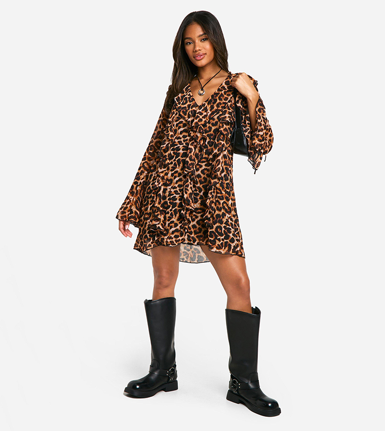 Leopard Print Ruffle Shift Mini Dress