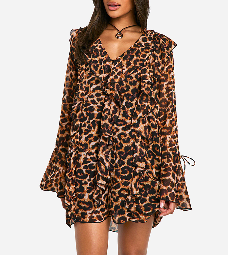 Leopard Print Ruffle Shift Mini Dress