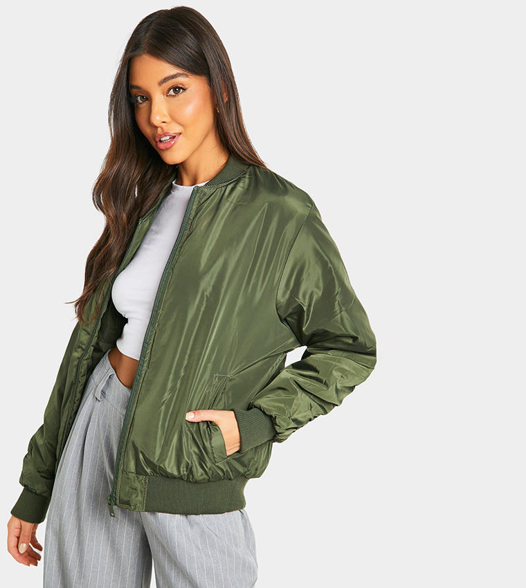 Buy Boohoo Long Sleeves Oversized Bomber Jacket In Green