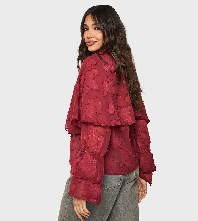Burnout Floral High Neck Ruffle Overlay Tie Top