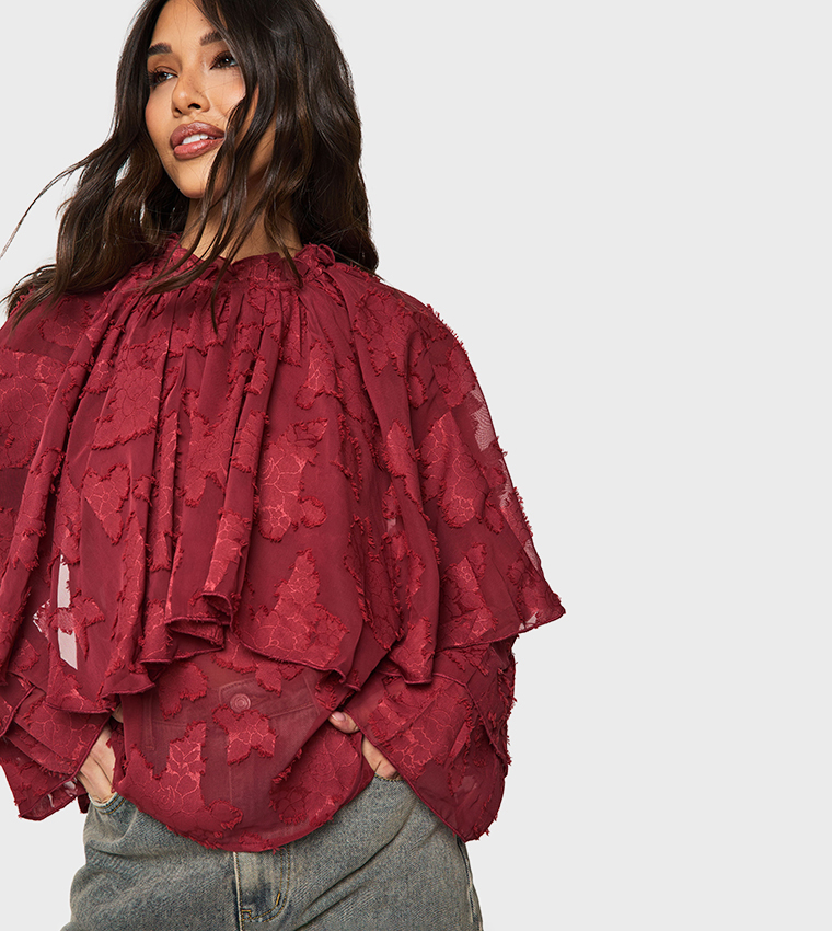 Burnout Floral High Neck Ruffle Overlay Tie Top