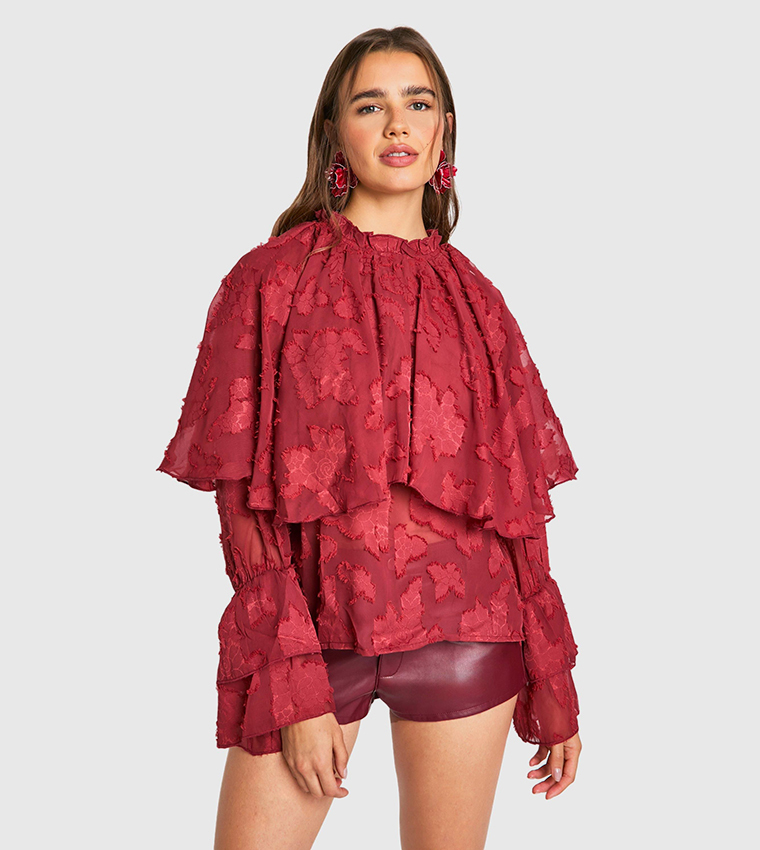 Burnout Floral High Neck Ruffle Overlay Tie Top
