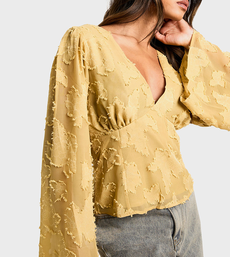 Burnout Floral Flared Sleeves Top