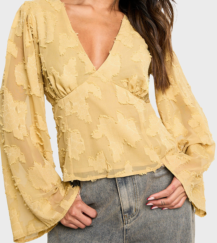 Burnout Floral Flared Sleeves Top