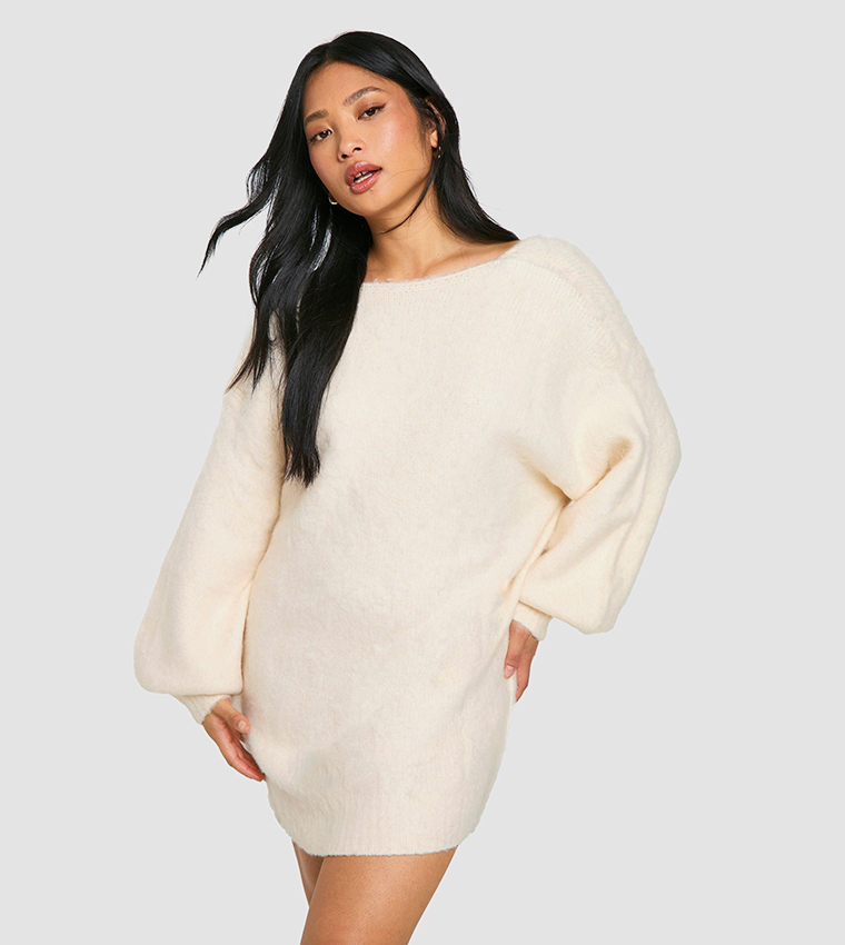 Buy Boohoo Petite Brushed Low Back Oversized Jumper Dress In Cream