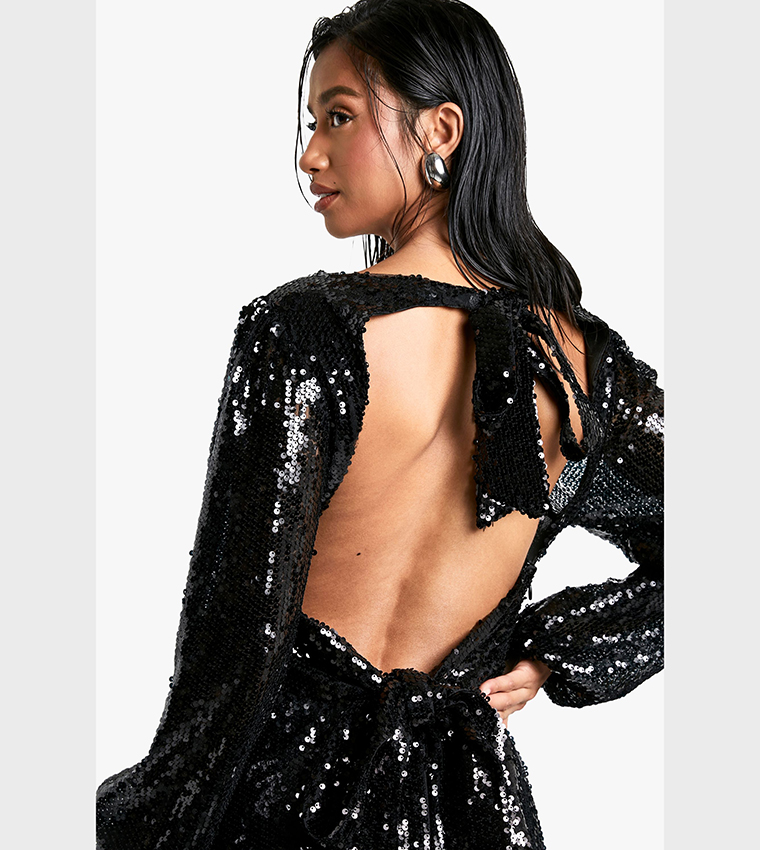Buy Boohoo Petite Sequined Tie Back Skater Dress In Black