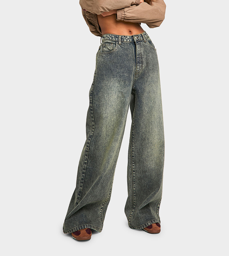 Faded Mid Rise Wide Leg Jeans