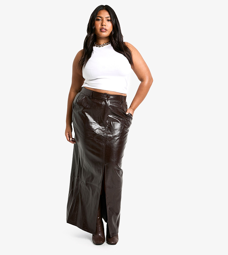 Curve Croc PU Slit Front Maxi Skirt