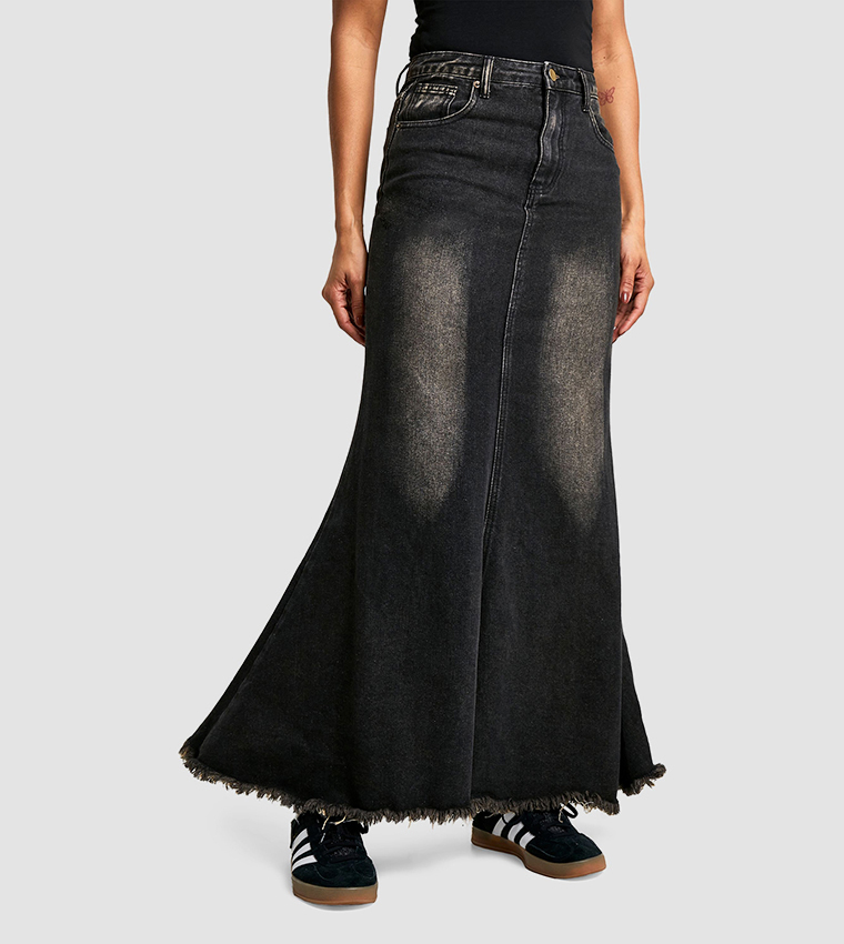 Fishtail Raw Hem Denim Maxi Skirt