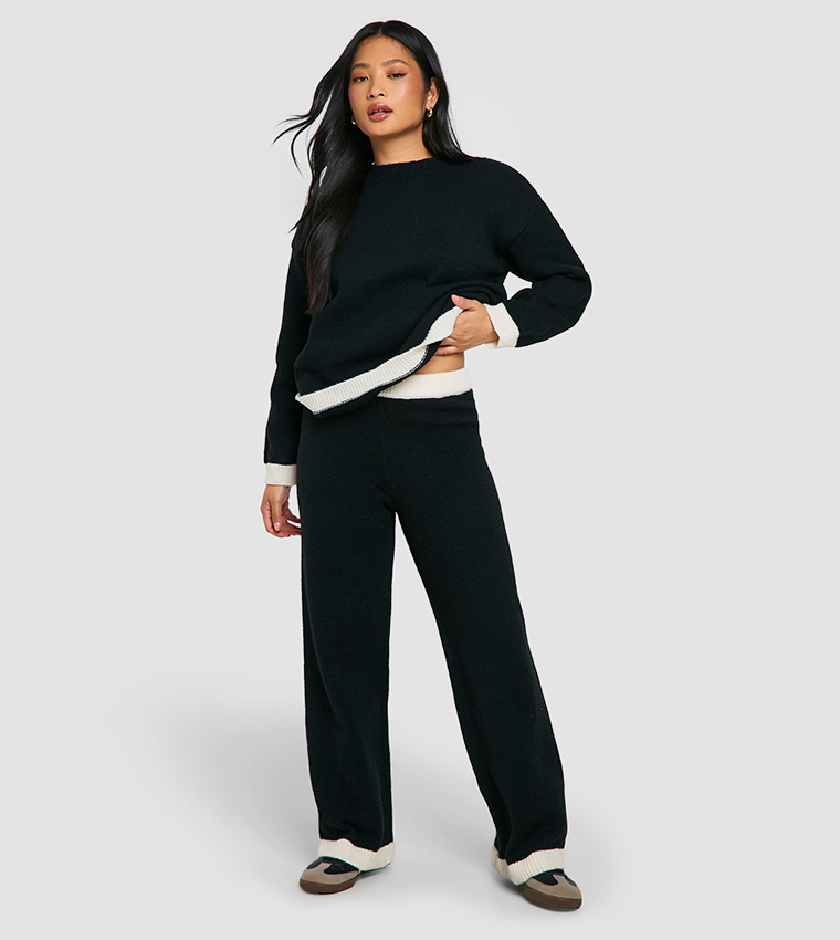 Buy Boohoo Petite Contrast Trim Knitted Jumper And Trousers Set In