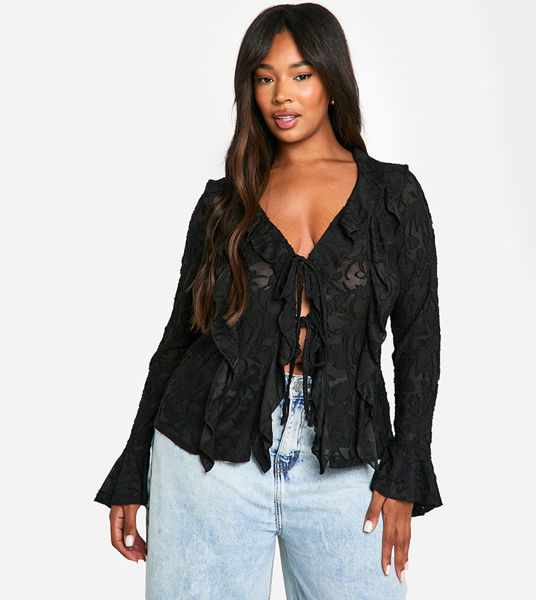 Curve Burnout Double Ruffle Tie Front Top