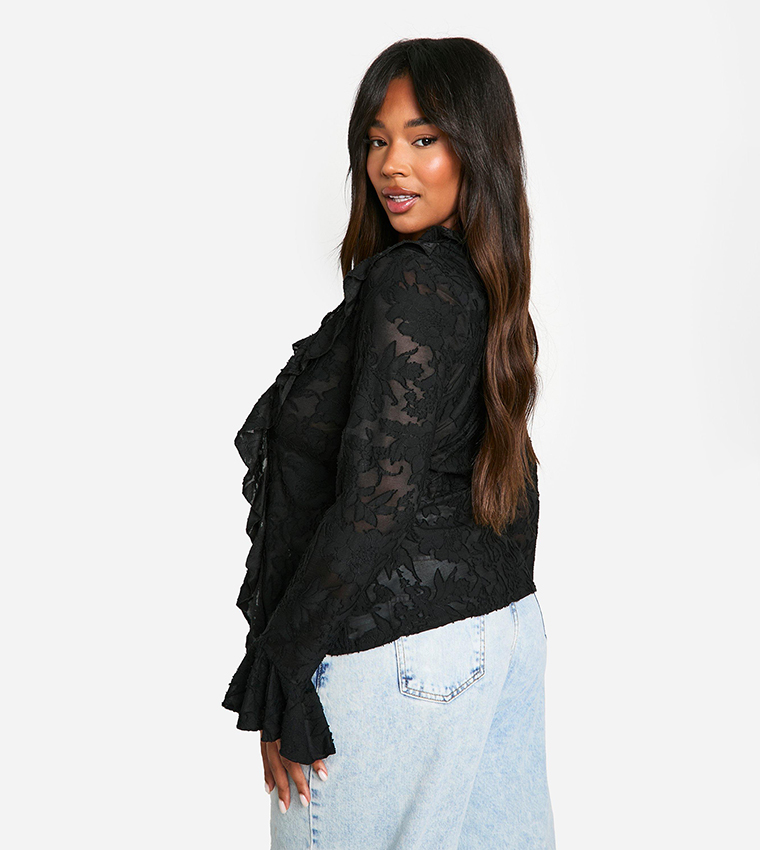 Curve Burnout Double Ruffle Tie Front Top