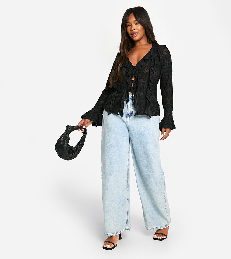 Curve Burnout Double Ruffle Tie Front Top