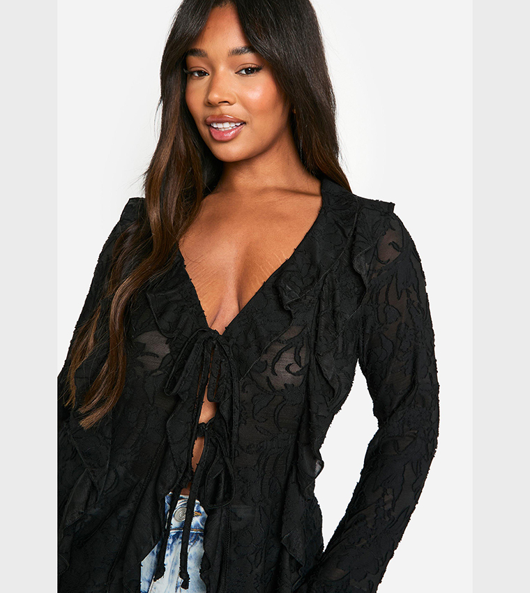 Curve Burnout Double Ruffle Tie Front Top