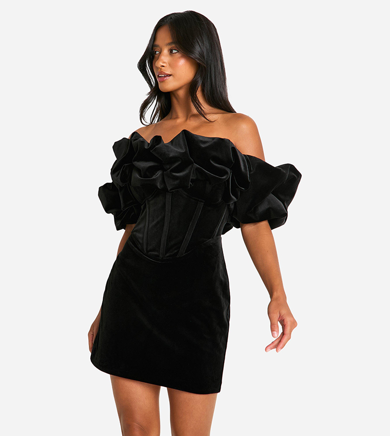 Petite Extreme Ruffle Velvet Mini Dress