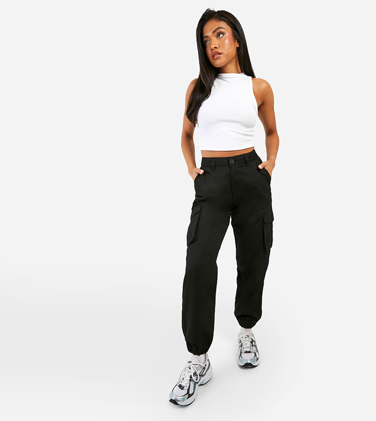Buy Boohoo Petite High Waist Twill Cargo Joggers In Black | 6thStreet Oman