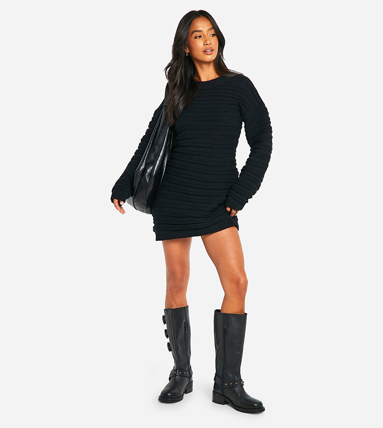 Buy Boohoo Petite Open Back Knitted Jumper Dress In Black | 6thstreet Oman Buy Boohoo Petite Open Back Knitted Jumper Dress In Black | 6thstreet Oman