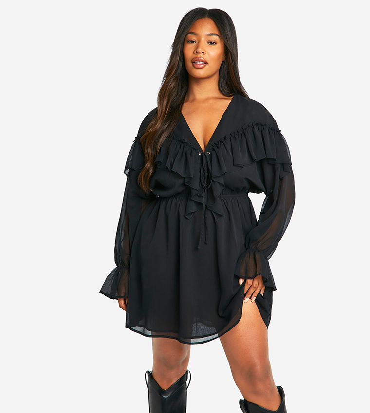 Buy Boohoo Curve Chiffon Ruffle Skater Mini Dress In Black