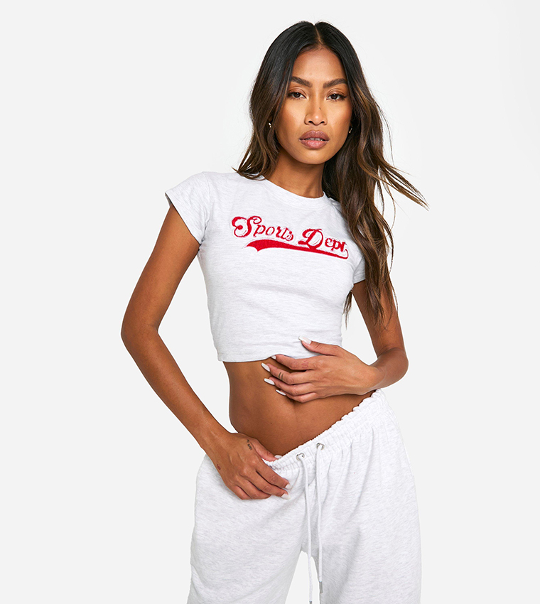 Buy Boohoo Sports Dept Embroidered Crop T Shirt In Ash Grey