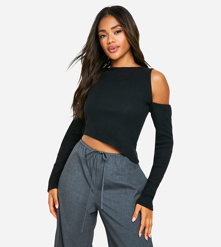 Cold shoulder black crop top hotsell
