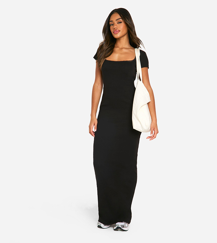 Buy Boohoo Ribbed Lace Trim Maxi Dress In Black 6thStreet Bahrain