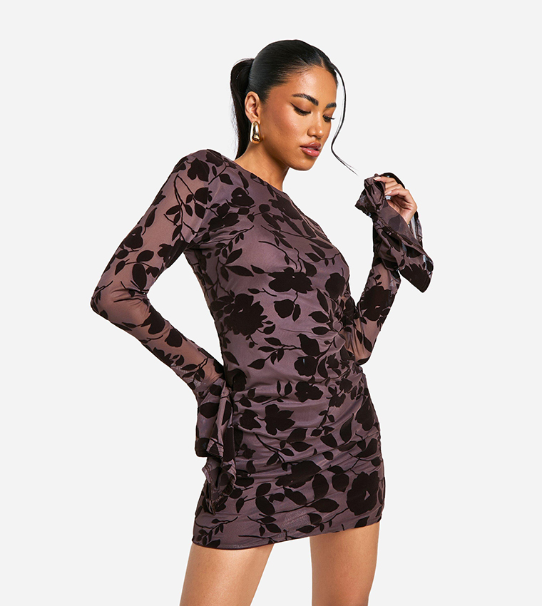Devore Floral Printed Frill Sleeves Mini Dress