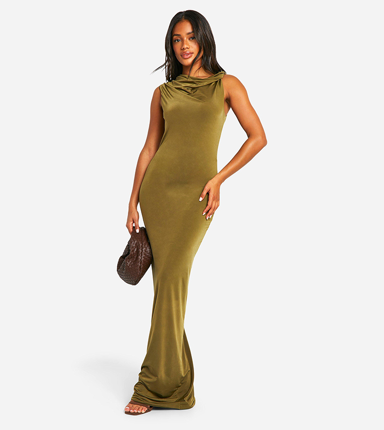 Buy Boohoo Cowl Neck Twist Detail Slinky Maxi Dress In Khaki 6thStreet Qatar