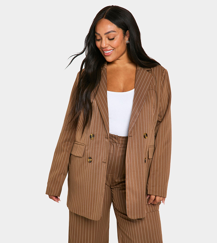 Buy Boohoo Curve Striped Double Breasted Oversized Blazer In Brown 6thStreet Qatar