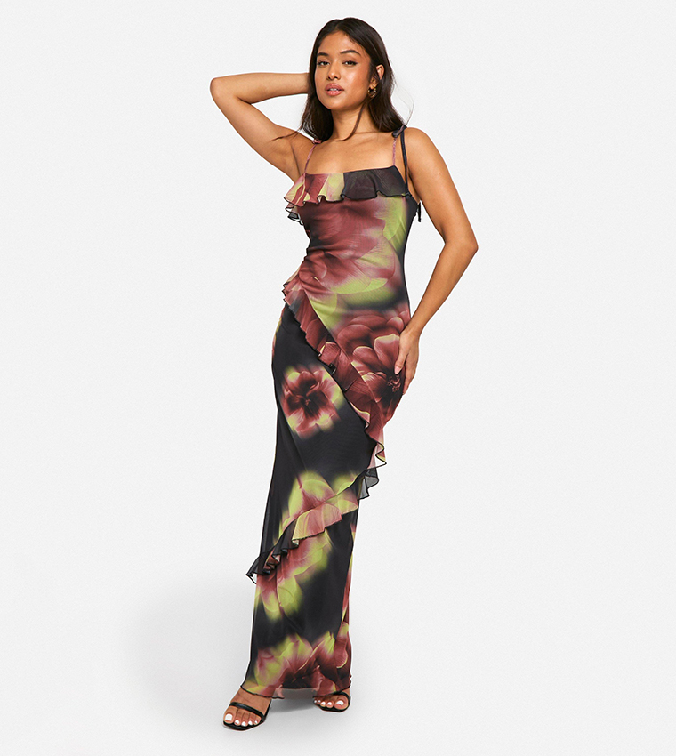 Buy Boohoo Petite Floral Print Ruffled Maxi Dress In Black