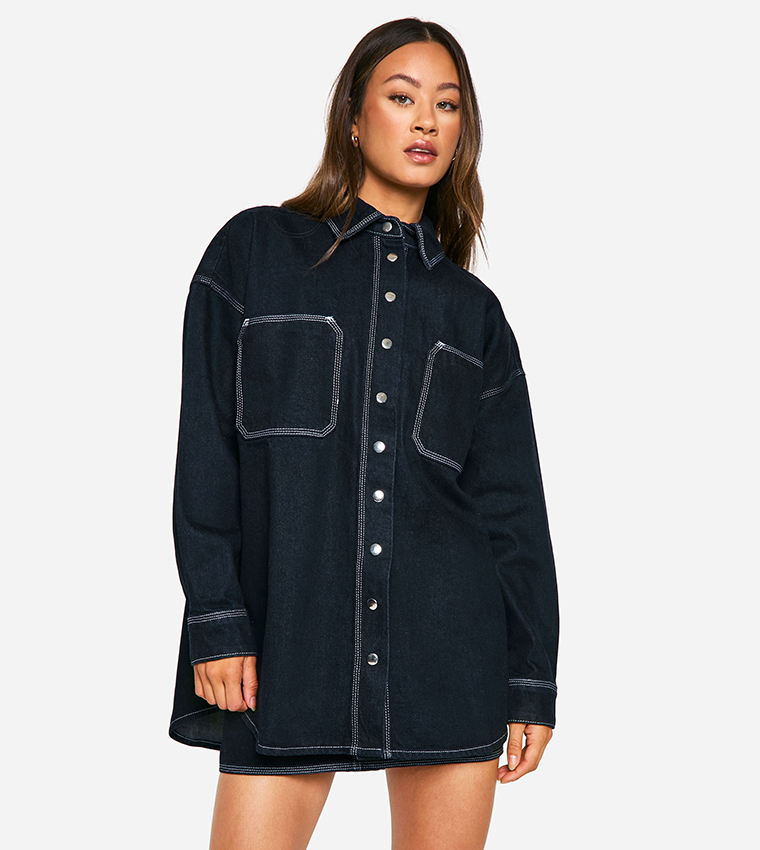 Buy Boohoo Tall Contrast Stitch Long Sleeves Shacket In Navy
